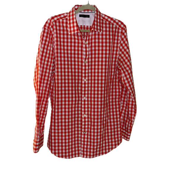 Banana Republic Tailored Slim-Fit Non-Iron Gingham Shirt Size L Bright Mandarin - Picture 1 of 6